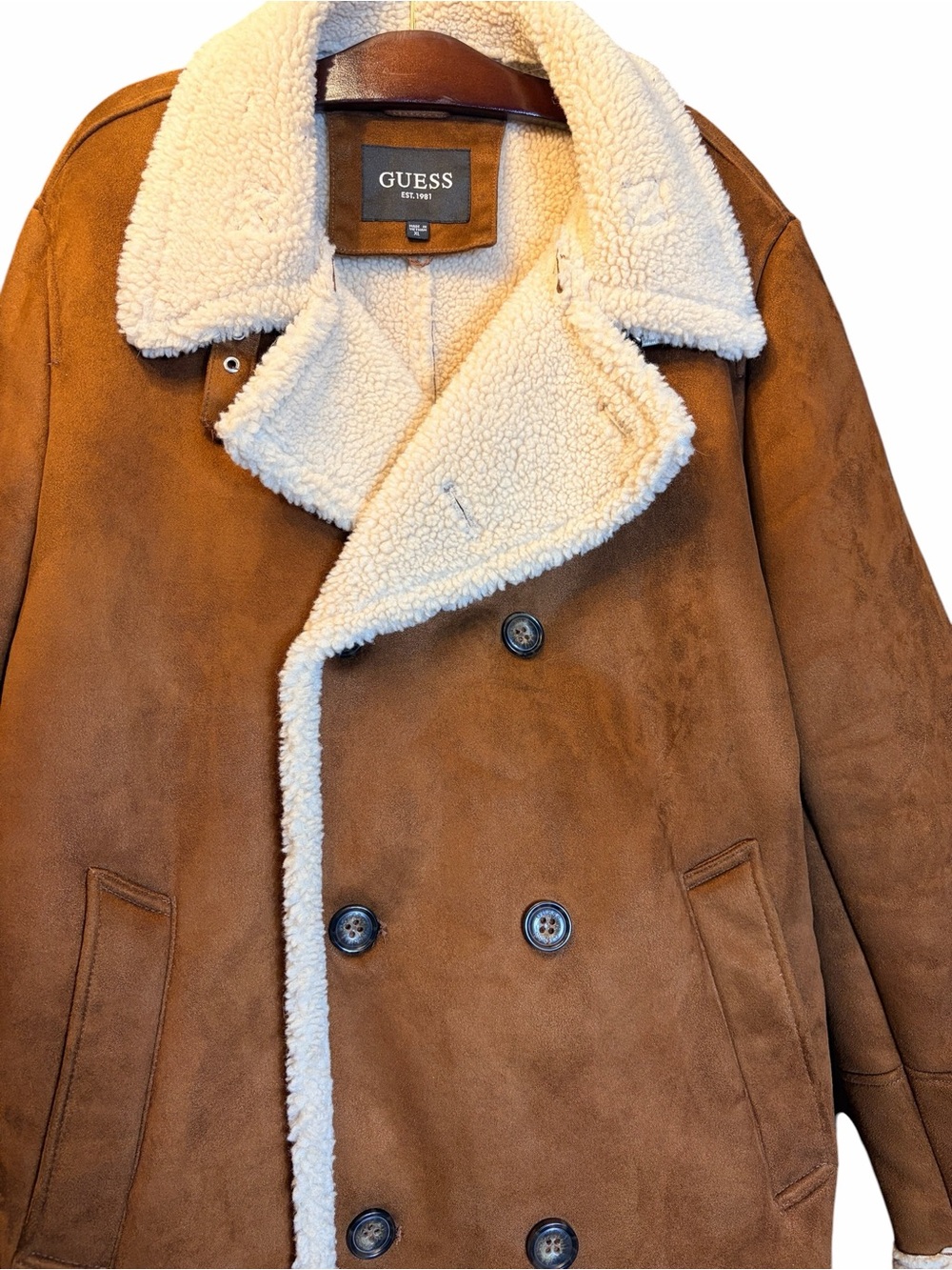 GUESS Men's Faux Shearling Double Breasted Long Warm Coat Suede Sherpa Brown XL